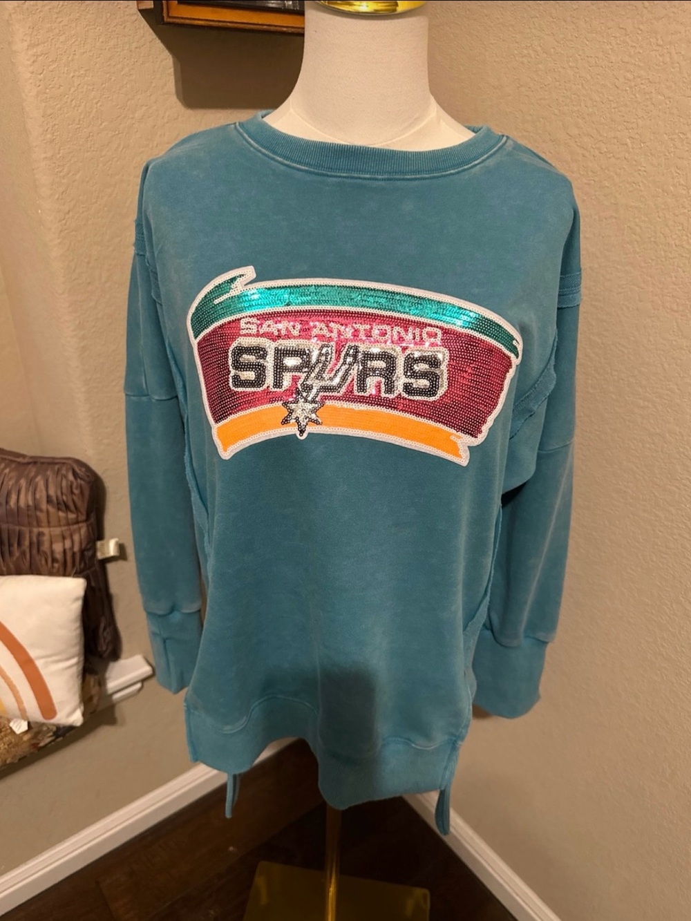 Teal Sequin Logo size S oversized Crew Sweatshirt- up cycled